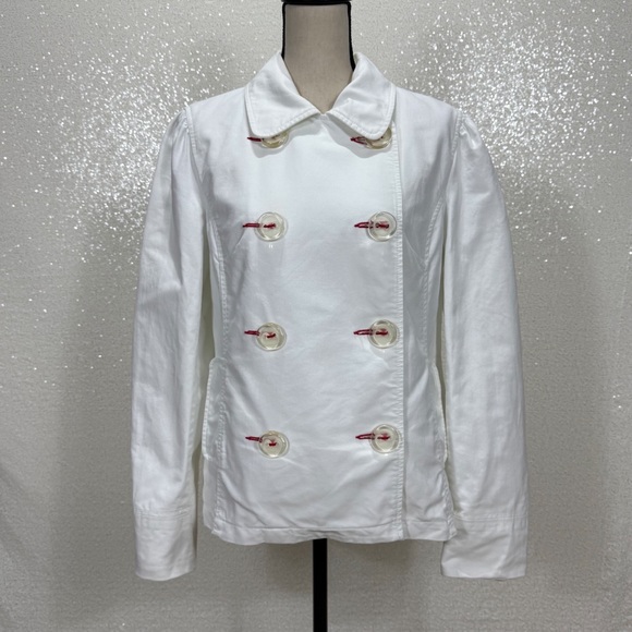 Old Navy White Double-Breasted Cotton Jacket with Red Stitching – Size Large - Picture 10 of 13